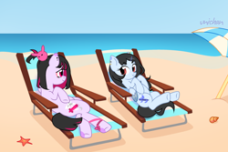 Size: 3000x2000 | Tagged: safe, artist:unichan, derpibooru import, oc, oc only, oc:anime-chan, oc:hera-chan, earth pony, pegasus, pony, beach, beach chair, beach umbrella, chair, commission, duo, ear piercing, earring, eyeshadow, female, hairclip, jewelry, makeup, mare, ocean, piercing, sand, seashell, starfish, water, ych result