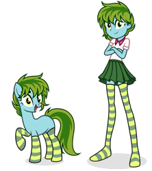 Size: 3529x3976 | Tagged: safe, artist:arshe12, derpibooru import, oc, oc only, oc:yomogi artemisia, earth pony, pony, equestria girls, blank flank, clothes, commission, crossed arms, equestria girls-ified, miniskirt, nonbinary, open mouth, raised hoof, raised leg, self paradox, self ponidox, shirt, simple background, skirt, socks, solo, stocking feet, stockings, striped socks, thigh highs, thigh socks, transparent background, ych result