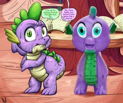 Size: 3400x2844 | Tagged: safe, artist:stencilfim, derpibooru import, spike, twilight sparkle, dragon, g4, baby, baby dragon, cursed image, dialogue, golden oaks library, library, meme, nervous, scales, scared, sweat, sweatdrop, toy