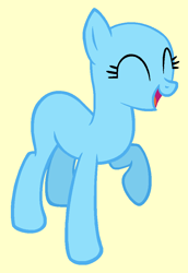Size: 676x983 | Tagged: artist needed, source needed, safe, artist:ameliagirls53, derpibooru import, edit, oc, oc only, earth pony, pony, g4, bald, base, eyelashes, eyes closed, female, laughing, mare, open mouth, raised hoof, raised leg, simple background, smiling, solo, tan background