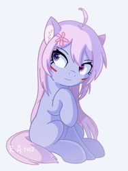 Size: 3000x4000 | Tagged: artist needed, safe, derpibooru import, oc, oc only, original species, eyebrows, eyebrows visible through hair, oc name needed, raised hoof, raised leg, signature, simple background, sitting, solo, white background