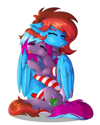 Size: 1076x1340 | Tagged: safe, artist:lambydwight, derpibooru import, oc, oc only, oc:cloud twist, oc:lucid heart, bat pony, pegasus, :p, clothes, cuddling, hug, simple background, socks, striped socks, tongue, tongue out, transparent background, winghug, wings