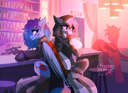 Size: 4000x2904 | Tagged: safe, artist:chamommile, derpibooru import, oc, oc only, original species, pegasus, pony, ammunition, clothes, commission, duo, duo female, female, full body, gun, looking at each other, looking at someone, pegasus oc, smiling, smiling at each other, uniform, weapon