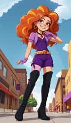 Size: 1664x2880 | Tagged: safe, ai content, derpibooru import, generator:stable diffusion, machine learning generated, adagio dazzle, human, belt, boots, city, clothes, cloud, day, ear piercing, earring, female, fingerless gloves, from below, generator:matrixhentaitoon v13betavae, generator:mlp adagiodazzle-10, gloves, humanized, jacket, jewelry, lipstick, looking at you, necklace, orange hair, people, piercing, prompt in description, prompter:marusame, shoes, smiling, smiling at you, socks, solo, teeth, thigh boots, thigh highs, tree, upscaled