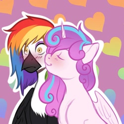 Size: 1333x1335 | Tagged: safe, artist:vatutina, derpibooru import, princess flurry heart, oc, oc:nightmare rainbow feather, oc:rainbow feather, griffon, hippogriff, blushing, interspecies offspring, kiss on the cheek, kissing, magical lesbian spawn, next generation, offspring, parent:gilda, parent:rainbow dash, parents:gildash