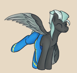 Size: 635x600 | Tagged: artist needed, source needed, safe, derpibooru import, thunderlane, pegasus, clothes, eyes closed, simple background, smiling, solo, spread wings, uniform, wings, wonderbolts uniform