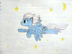 Size: 800x598 | Tagged: artist needed, source needed, safe, derpibooru import, night glider, pegasus, pony, cloud, female, flying, mare, side view, solo, spread wings, stars, traditional art, wings