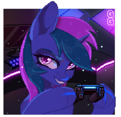 Size: 630x612 | Tagged: safe, artist:zakypo, derpibooru import, oc, oc:flashpoint, pony, unicorn, controller, female, pixel art, solo