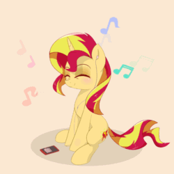 Size: 590x590 | Tagged: safe, artist:puetsua, artist:szafir87, derpibooru import, sunset shimmer, pony, unicorn, g4, 2d, animated, blushing, cute, deviantart, earbuds, eyes closed, female, gif, happy, headbob, headphones, listening to music, looking to side, looking to the left, loop, mare, mp3 player, music notes, orange background, orange skin, perfect loop, red mane, shimmerbetes, simple background, sitting, smiling, solo, szafir87 is trying to murder us, yellow mane