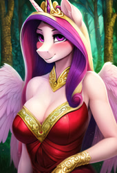 Size: 2048x3015 | Tagged: safe, ai content, derpibooru import, generator:novelai, generator:stable diffusion, machine learning generated, princess cadance, alicorn, anthro, blushing, bracer, breasts, cleavage, clothes, cute, dress, female, forest, high res, horn, jewelry, looking at you, necklace, outdoors, prompter:endless--, sleeveless, sleeveless dress, smiling, smiling at you, solo, standing, tree, wings