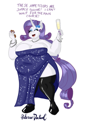 Size: 481x681 | Tagged: safe, artist:professordoctorc, derpibooru import, part of a set, rarity, anthro, unguligrade anthro, unicorn, alcohol, bracelet, breasts, clothes, dress, eating, evening dress, eyes closed, eyeshadow, fat, fat boobs, hungry, jewelry, makeup, nail polish, necklace, raritits, shoes, simple background, solo, stockings, thigh highs, weight gain, weight gain sequence, white background, wine