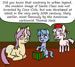 Size: 3600x3200 | Tagged: safe, artist:mannitenerisunt, derpibooru import, oc, oc only, oc:blue pill, oc:placebo, oc:red pill, pony, unicorn, christmas, colt, female, filly, foal, gift art, hat, holiday, horn, lying down, male, mare, mother and child, mother and daughter, mother and son, parent and child, pony oc, present, santa hat, siblings, sitting, standing, trio, unicorn oc
