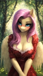 Size: 4352x7680 | Tagged: safe, ai content, derpibooru import, generator:novelai, generator:stable diffusion, machine learning generated, fluttershy, anthro, pegasus, absurd resolution, blushing, breasts, cleavage, clothes, cute, dress, female, forest, hootershy, horn, looking at you, mare, outdoors, partially open wings, prompter:endless--, smiling, smiling at you, solo, standing, tree, wings