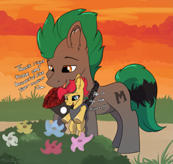 Size: 2109x2000 | Tagged: safe, artist:aurorafang, derpibooru import, oc, oc only, oc:chessie, oc:miko, flower, foal