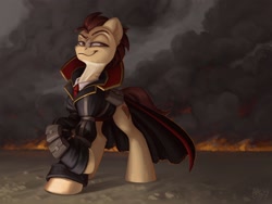 Size: 3604x2709 | Tagged: safe, artist:amishy, derpibooru import, oc, oc only, earth pony, pony, clothes, coat, earth pony oc, fire, high collar, looking back, male, necktie, smiling, smirk, smoke, solo, stallion