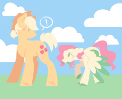 Size: 1329x1077 | Tagged: safe, artist:glowfangs, derpibooru import, applejack, applejack (male), butterscotch, fluttershy, earth pony, pegasus, pony, appleshy, blushing, colored hooves, colored wings, colored wingtips, duo, duo male, ears, exclamation point, floppy ears, flower, gay, lineless, male, mouth hold, rule 63, shipping, shy, stallion, wings, wings down