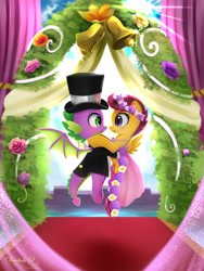 Size: 1800x2400 | Tagged: safe, artist:darksly, derpibooru import, scootaloo, spike, dragon, pegasus, a canterlot wedding, clothes, dress, female, flower filly, flower girl, flower girl dress, male, scootaspike, shipping, straight