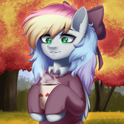 Size: 1920x1920 | Tagged: safe, artist:alunedoodle, derpibooru import, oc, oc only, oc:blazey sketch, pegasus, autumn, bow, chocolate, clothes, female, food, green eyes, grey fur, hair bow, hot chocolate, multicolored hair, outdoors, pegasus oc, smiling, solo, sweater, tree