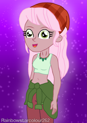 Size: 931x1317 | Tagged: safe, artist:rainbowstarcolour262, derpibooru exclusive, derpibooru import, raspberry lilac, human, better together, equestria girls, :d, background human, bandana, bare shoulders, belly button, clothes, cute, female, gradient background, jewelry, leggings, looking at you, necklace, not cheerilee, open mouth, open smile, redraw, signature, smiling, smiling at you, solo, sports bra