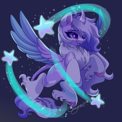 Size: 2000x2000 | Tagged: safe, artist:skyboundsiren, derpibooru import, oc, oc only, oc:siren andromeda, alien, alien pony, chest fluff, female, flying, signature, smiling, solo, spread wings, stars, unshorn fetlocks, wings