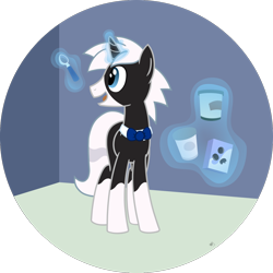 Size: 1348x1348 | Tagged: safe, artist:of-felt-and-cardboard, derpibooru import, oc, oc only, oc:creamy twist, unicorn, background, bowtie, cookie, food, ice cream, magic, male, newbie artist training grounds, solo, stallion, telekinesis