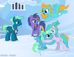 Size: 1013x788 | Tagged: safe, artist:brushprism, derpibooru import, gusty sprite, sky stinger, thunderstruck, windy streak, pegasus, pony, base used, brother and sister, cloudsdale, female, flying, group, hug, male, mare, siblings, stallion, thunder dust