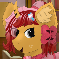 Size: 3000x3000 | Tagged: safe, artist:spiroudada, derpibooru import, oc, oc only, oc:dolly hooves, pony, unicorn, book, bust, clothes, crossdressing, cute, dress, library, pink, portrait, pride, pride flag, profile picture, smiling, solo, transgender oc, transgender pride flag