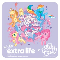Size: 1200x1200 | Tagged: safe, derpibooru import, applejack, fluttershy, pinkie pie, rainbow dash, big cat, butterfly, earth pony, lion, pegasus, pony, ajani goldmane, apple, balloon, chibi, cloud, controller, dice, extra life, female, food, grin, happy, magic the gathering, mare, merchandise, my little pony logo, official, one eye closed, purple background, rainbow, simple background, smiling, stars, sticker, wink