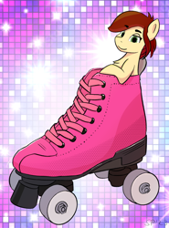 Size: 1380x1860 | Tagged: safe, artist:single purpose, derpibooru import, oc, oc:canni soda, earth pony, 80s, looking at you, micro, skates, solo