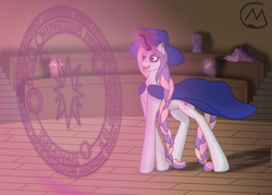 Size: 4477x3200 | Tagged: safe, artist:maître cervidé, derpibooru import, oc, oc:arcana glyph, oc:glyph, pony, unicorn, background pony, braid, classroom, female, hat, long hair, long mane, long tail, magic, not sweetie belle, standing, tail