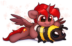 Size: 2693x1723 | Tagged: safe, derpibooru import, oc, oc:hardy, alicorn, bee, pony, bumblebee, chest fluff, chibi, full body, heart, heart eyes, hug, male, smiling, spread wings, stallion, wingding eyes, wings