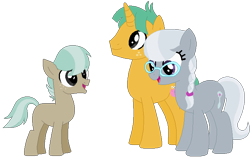 Size: 705x442 | Tagged: safe, artist:camomiie, artist:selenaede, derpibooru import, silver spoon, snails, oc, oc:golden beetle, earth pony, pony, unicorn, base used, colt, female, foal, glasses, male, mare, offspring, older, older silver spoon, older snails, parent:silver spoon, parent:snails, parents:snailspoon, shipping, simple background, snailspoon, stallion, straight, transparent background, trio