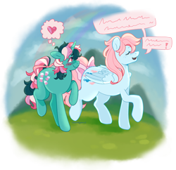Size: 2414x2336 | Tagged: safe, artist:beetlepaws, derpibooru import, fizzy, wind whistler, pegasus, pony, twinkle eyed pony, unicorn, g1, blue, blush scribble, blushing, bow, chatting, cute, cutie mark, duo, duo female, eyes closed, female, fizzybetes, friends, green, lesbian, mare, multicolored hair, pink eyes, pink hair, pink mane, pink tail, shipping, simple background, speech bubble, tail, tail bow, talking, thought bubble, transparent background, walking, whistlepop, whistlerbetes, wings