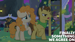 Size: 2017x1134 | Tagged: safe, derpibooru import, edit, edited screencap, editor:quoterific, screencap, grand pear, pear butter, earth pony, pony, the perfect pear, apple, candle, food, hay bale, lantern, pear tree, tree