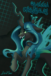 Size: 2259x3345 | Tagged: safe, artist:alrumoon_art, derpibooru import, queen chrysalis, changeling, changeling queen, collaboration, abstract background, collaboration:meet the best showpony, crown, eye clipping through hair, eyebrows, eyebrows visible through hair, fangs, female, glowing, glowing eyes, high res, insect wings, jewelry, long tongue, looking at you, open mouth, open smile, raised hoof, raised leg, regalia, signature, smiling, smiling at you, solo, spread wings, standing, three quarter view, tongue, tongue out, wings