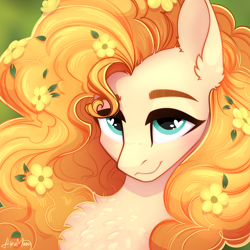 Size: 2048x2048 | Tagged: safe, artist:alrumoon_art, derpibooru import, pear butter, earth pony, pony, g4, blue eyes, bust, chest fluff, cute, detailed hair, ear fluff, ears, female, flower, flower in hair, heart, heart eyes, high res, looking at you, mare, pearabetes, portrait, signature, smiling, smiling at you, solo, wingding eyes