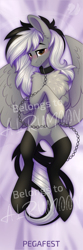 Size: 1500x4500 | Tagged: safe, artist:alrumoon_art, derpibooru import, oc, oc only, pegasus, pony, blushing, chains, chest fluff, clothes, collar, ear fluff, ears, obtrusive watermark, smiling, socks, solo, spread wings, thigh highs, watermark, wings