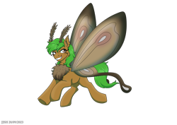 Size: 4093x2894 | Tagged: safe, artist:jjs, derpibooru import, oc, oc only, oc:peatmoss, moth, mothpony, original species, chest fluff, grin, high res, insect wings, male, signature, simple background, smiling, solo, spread wings, stallion, transparent background, wings