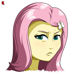 Size: 2500x2500 | Tagged: safe, artist:cletus222, derpibooru import, fluttershy, human, equestria girls, angry, closed mouth, female, head only, looking at you, simple background, solo, white background