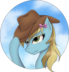 Size: 2031x2106 | Tagged: safe, artist:alicetriestodraw, derpibooru import, oc, oc only, oc:lucky bolt, pegasus, pony, bow, bust, commission, cowgirl, female, green eyes, hair bow, hat, hat tip, long mane, mare, pegasus oc, portrait, simple background, sky, smiling, solo, transparent background