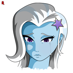 Size: 2500x2500 | Tagged: safe, artist:cletus222, derpibooru import, trixie, human, equestria girls, crying, female, head only, looking down, sad, simple background, solo, white background