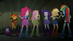 Size: 1200x675 | Tagged: safe, derpibooru import, screencap, applejack, fluttershy, pinkie pie, rainbow dash, rarity, sunset shimmer, twilight sparkle, human, equestria girls, rainbow rocks, angry, argument, belt, blouse, boots, bowtie, bracelet, button-up shirt, clothes, cowboy hat, crossed arms, denim, denim skirt, female, freckles, frown, frustrated, glass, gritted teeth, hair, hairpin, hand on head, hand on hip, hat, humane five, humane seven, humane six, jacket, jewelry, leather, leather jacket, makeup, open mouth, ponytail, puffy sleeves, sad, shirt, shoes, sitting, skirt, socks, spread arms, t-shirt, talking, tanktop, teenager, teeth, top, vest, wristband, yelling