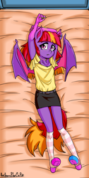 Size: 1152x2292 | Tagged: safe, artist:anibaruthecat, derpibooru import, oc, anthro, bat pony, unguligrade anthro, arms in the air, bat pony oc, bat wings, bed, bra, bra strap, bracelet, clothes, coat markings, ear tufts, explicit source, eyelashes, female, female oc, filly, foal, freckles, hooves, jewelry, kneesocks, looking at you, lying down, nail polish, on back, on bed, open mouth, red hair, shirt, skirt, socks, socks (coat marking), solo, striped socks, tail, two toned hair, two toned tail, underwear, wings, younger