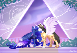 Size: 2841x1981 | Tagged: safe, artist:alrumoon_art, derpibooru import, princess luna, oc, alicorn, alicorn oc, armor, background, bush, clothes, dress, ethereal mane, eyebrows, eyebrows visible through hair, hoof hold, hoof shoes, horn, jewelry, kissing, princess shoes, spread wings, stairs, wings