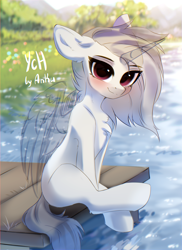 Size: 2300x3160 | Tagged: safe, artist:anku, derpibooru import, pony, auction, blurry background, chest fluff, commission, female, lake, looking at you, mare, pier, sitting, solo, water, your character here