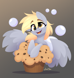 Size: 2685x2844 | Tagged: safe, artist:alrumoon_art, derpibooru import, derpy hooves, pegasus, pony, bubble, eyebrows, eyebrows visible through hair, female, food, gradient background, looking at you, mare, muffin, open mouth, smiling, solo, spread wings, wings