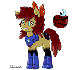 Size: 2200x2000 | Tagged: safe, artist:anibaruthecat, derpibooru import, part of a set, apple bloom, earth pony, pony, alternate cutie mark, alternate hairstyle, alternate timeline, alternate universe, armor, night guard armor, nightmare takeover timeline, peytral, simple background, solo, transparent background