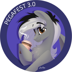 Size: 2048x2048 | Tagged: safe, artist:alrumoon_art, derpibooru import, oc, oc only, pegasus, chest fluff, coffee, eyebrows, eyebrows visible through hair, holding, looking at you, mug, multicolored hair, smiling