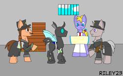 Size: 2998x1875 | Tagged: safe, artist:riley23, derpibooru import, oc, oc:amethyst shard, oc:captain lead hoof, changeling, earth pony, pony, unicorn, blood, changeling blood, telekinetic device, the universe: "after equestria", weapon