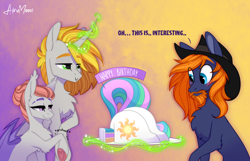 Size: 1916x1231 | Tagged: safe, artist:alrumoon_art, derpibooru import, princess celestia, oc, oc only, oc:alruna moonrise, oc:cowboy, oc:zver, bat pony, earth pony, pony, unicorn, butt, cake, chest fluff, female, food, gradient background, male, mare, plot, sunbutt